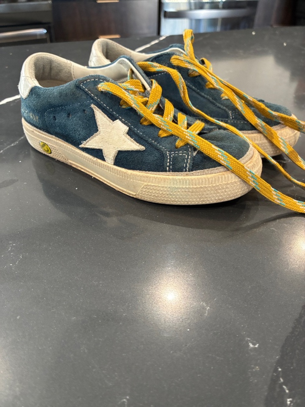 Golden Goose Kids Teal Suede Sneakers with White Star and Yellow Laces